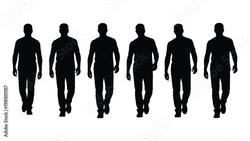 A row of six silhouetted men walking forward presenting a uniform and anonymous visual