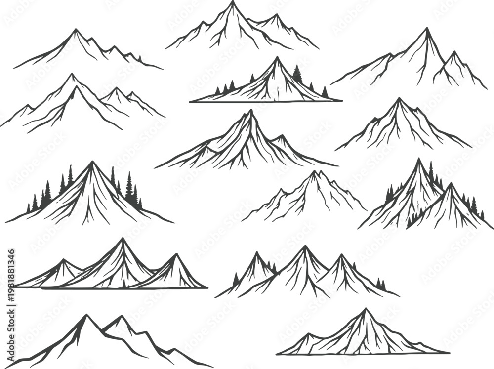 Obraz premium Collection of hand drawn mountain illustrations in various styles