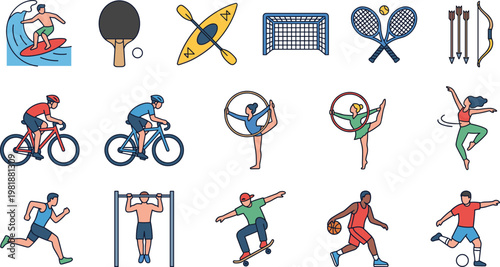 Sports activities flat illustration set, surfing, cycling, basketball, tennis, gymnastics, fitness and outdoor recreation icons, colorful vector characters for healthy lifestyle design