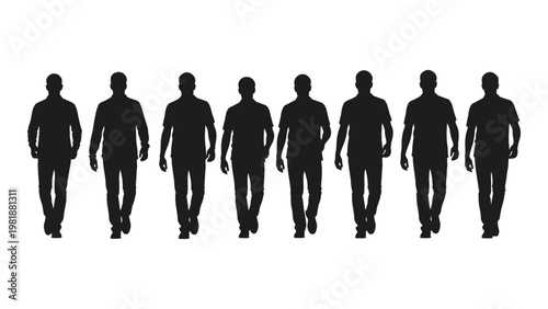 A line of silhouetted men are walking forward appearing as dark shapes against a white background
