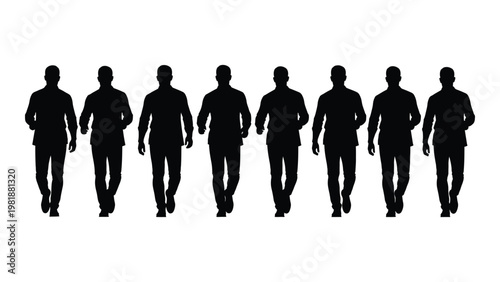 A row of nine silhouetted men walking forward depicted in a minimalist black and white style