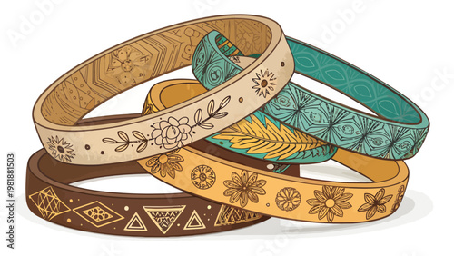 Boho style layered bracelets with artistic engravings and floral patterns on white background