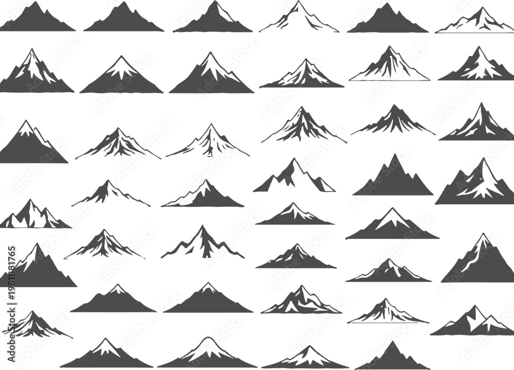 Obraz premium Multiple mountain peaks in various shapes and sizes in black and white