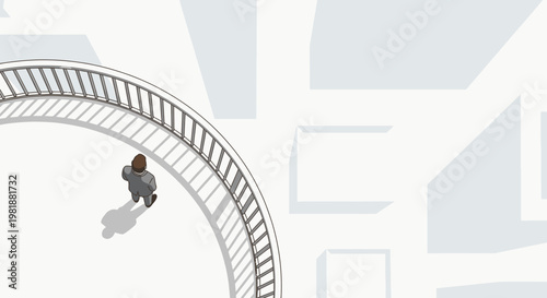 Overhead view of a businessman walking on a circular path with a shadow, symbolizing career, progress, and corporate life