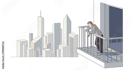 Man on balcony overlooking city skyline, contemplating life, modern buildings, urban lifestyle, solitude