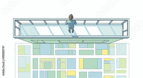 Overhead view of a person standing on a glass balcony overlooking a colorful abstract cityscape