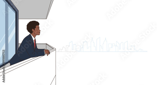 Young businessman looking out from a balcony towards a city skyline, representing ambition and future opportunities