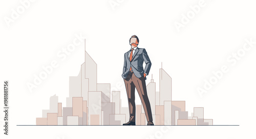 Confident businessman standing in front of a city skyline, representing success and urban business