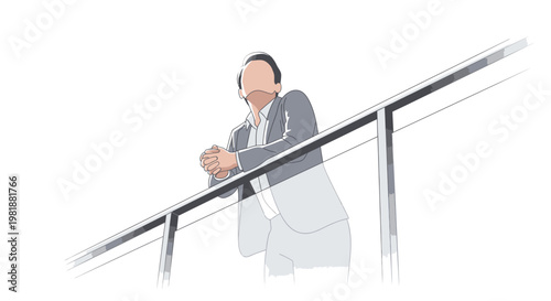 Man in suit leaning on railing, looking up thoughtfully, illustration, business concept, contemplation