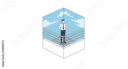 Businessman trapped in a glass cube with clouds and sky, representing isolation or confinement
