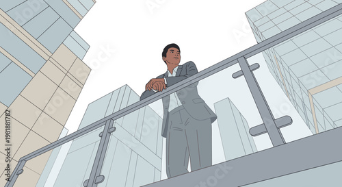 Businessman looking out from a modern office balcony surrounded by skyscrapers