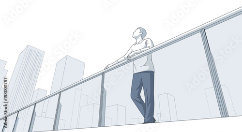Man looking up at city skyline from a balcony, contemplating future, success, and urban lifestyle