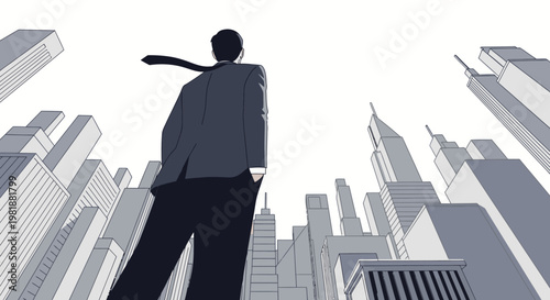 Man in suit looking at cityscape, symbolizing ambition, success, and future in business