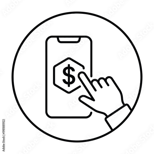 Hand interacting with mobile phone money transfer icon