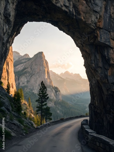 Mountain road passing through natural rock arch with scenic valley view at sunrise, dramatic landscape with cliffs, trees and winding path in warm light
