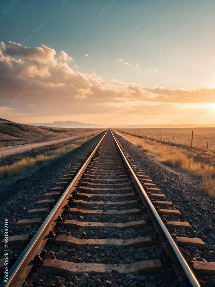 Obraz premium Straight railway track extending into horizon with dry grass, dirt road, distant mountains and warm sunset sky, symbolizing journey, direction, perspective and infinity