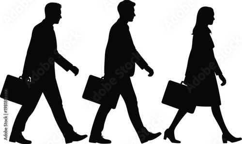 Silhouette business people walking together carrying briefcases representing corporate teamwork professional journey office career vector illustration design