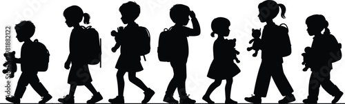 Silhouette children walking in line carrying backpacks and teddy bears representing school journey, childhood friendship, education, innocence, and companionship illustration