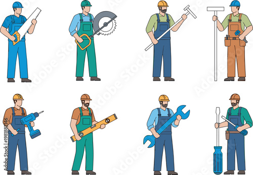 Set of Professional Male Construction Workers and Handymen Holding Various Industrial Tools and Equipment for Building, Repair, and Home Improvement Tasks