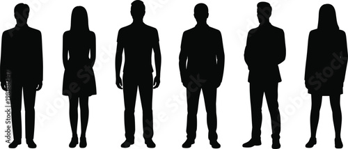 Full body human silhouettes collection, standing men and women figures, anonymous people profiles, black shadow characters isolated on white backgroun