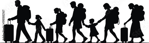 Silhouette group of people walking with luggage, family migration journey, travel illustration showing togetherness, movement, cultural identity, generational bond