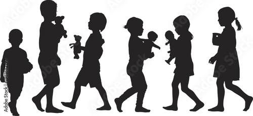 Silhouette illustration of children walking in line holding toys, symbolizing childhood innocence, playfulness, companionship, growth, and togetherness