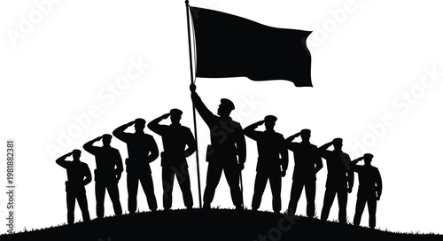 Silhouette illustration of patriotic military group saluting on hilltop with waving flag symbolizing unity, respect, teamwork, honor, dedication