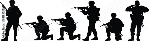 Silhouette illustration of soldiers in tactical combat positions, showcasing readiness, discipline, battlefield awareness, military gear, defense posture, and armed movement.