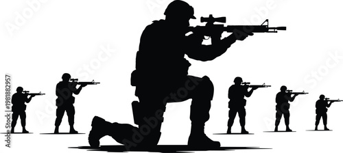 Silhouette of armed soldiers in tactical stance with rifles symbolizing combat readiness, military teamwork, defense, unity, and battlefield strategy illustration