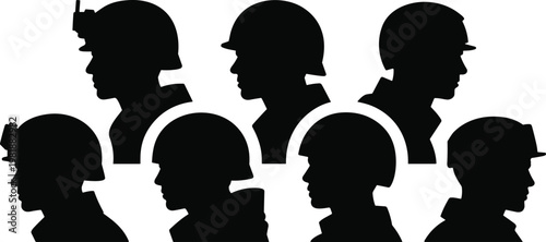 Silhouette of industrial workers wearing safety helmets symbolizing occupational protection, teamwork, construction, mining, industry, labor unity, and workplace safety illustration