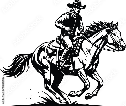 A cowboy riding a horse in a dynamic and energetic illustration style