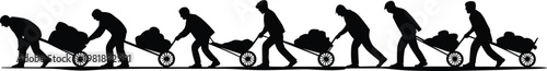 Silhouette of laborers pushing wheelbarrows symbolizing hard work, physical effort, industry, construction, teamwork, human labor, occupational strength, and productivity illustration