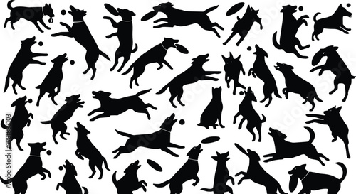 A collection of black dog silhouettes in various playful poses
