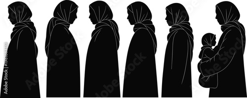 Silhouette sequence of woman in headscarf showing life stages progression with child, generational connection, cultural identity, motherhood, transformation