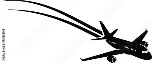 A black airplane flying through the air with motion lines behind it