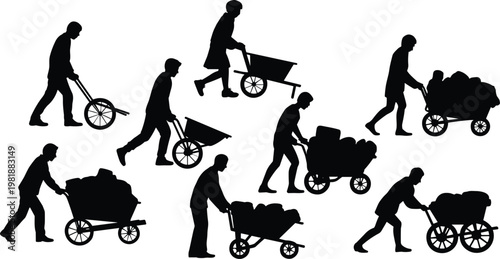 Silhouette workers pushing and pulling wheelbarrows in various postures representing manual labor, construction, teamwork, effort, and transportation illustration