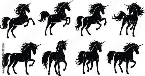 A group of black unicorn silhouettes running on a white background