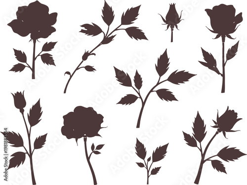 Brown rose flower silhouettes with stems and leaves on white background