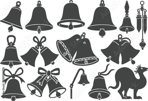 Collection of various bells and a camel silhouette in black