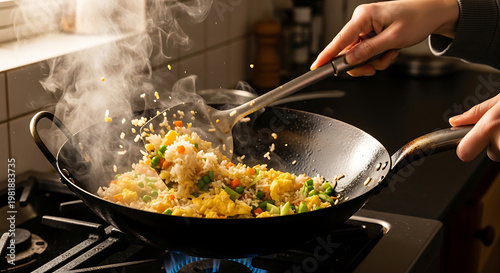 Action shot of a chef tossing fried rice with vegetables in a wok with steam and sparks in a commercial kitchen, professional culinary skills and fast paced asian street food cooking preparation.