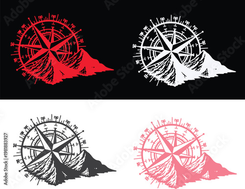 Four variations of a compass navigation symbol with mountain
