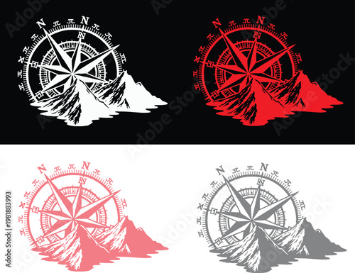 Four color variations of a compass with a mountain landscape