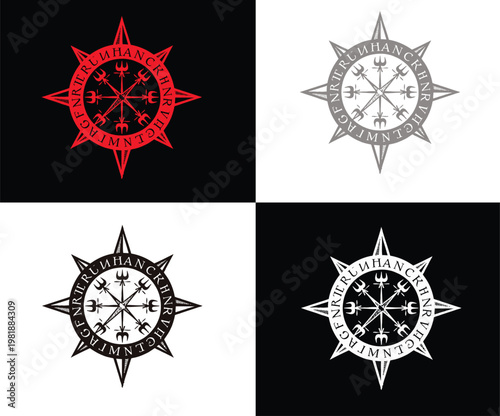 Four variations of a compass symbol with ornate details on different color backgrounds