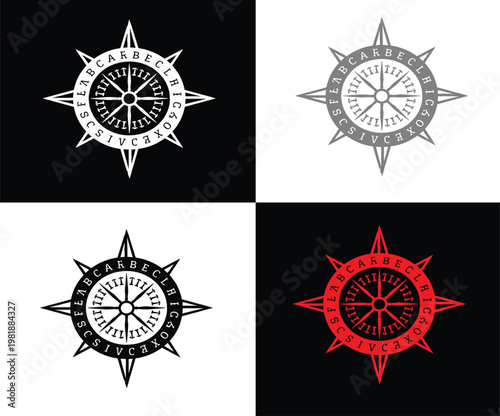 Four different color variations of a compass rose icon