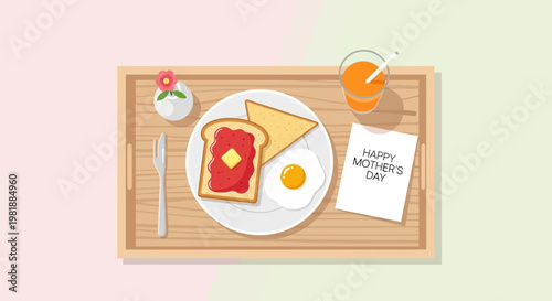 Breakfast on wooden tray featuring toast egg and jam.