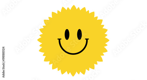 Smiling sun face cartoon illustration with cheerful rays.