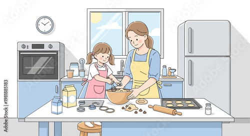 Mother and daughter cooking together in kitchen.