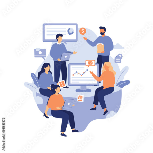 Team Collaboration Illustration of Professionals Working Together Around a Shared Screen.