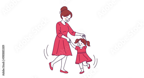 Woman And Girl Dancing Together In Pink Dress.