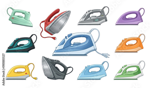 Realistic electric steam irons vector set for household appliance and laundry equipment isolated on white background